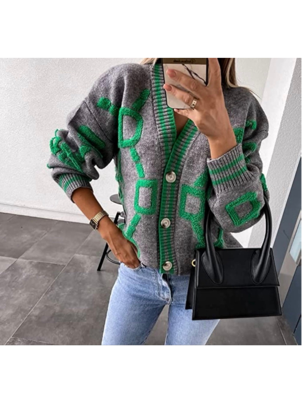 NEW Cardigan Oversized Button Down Long Sleeve Geometric Loose Sweater L - Picture 6 of 8